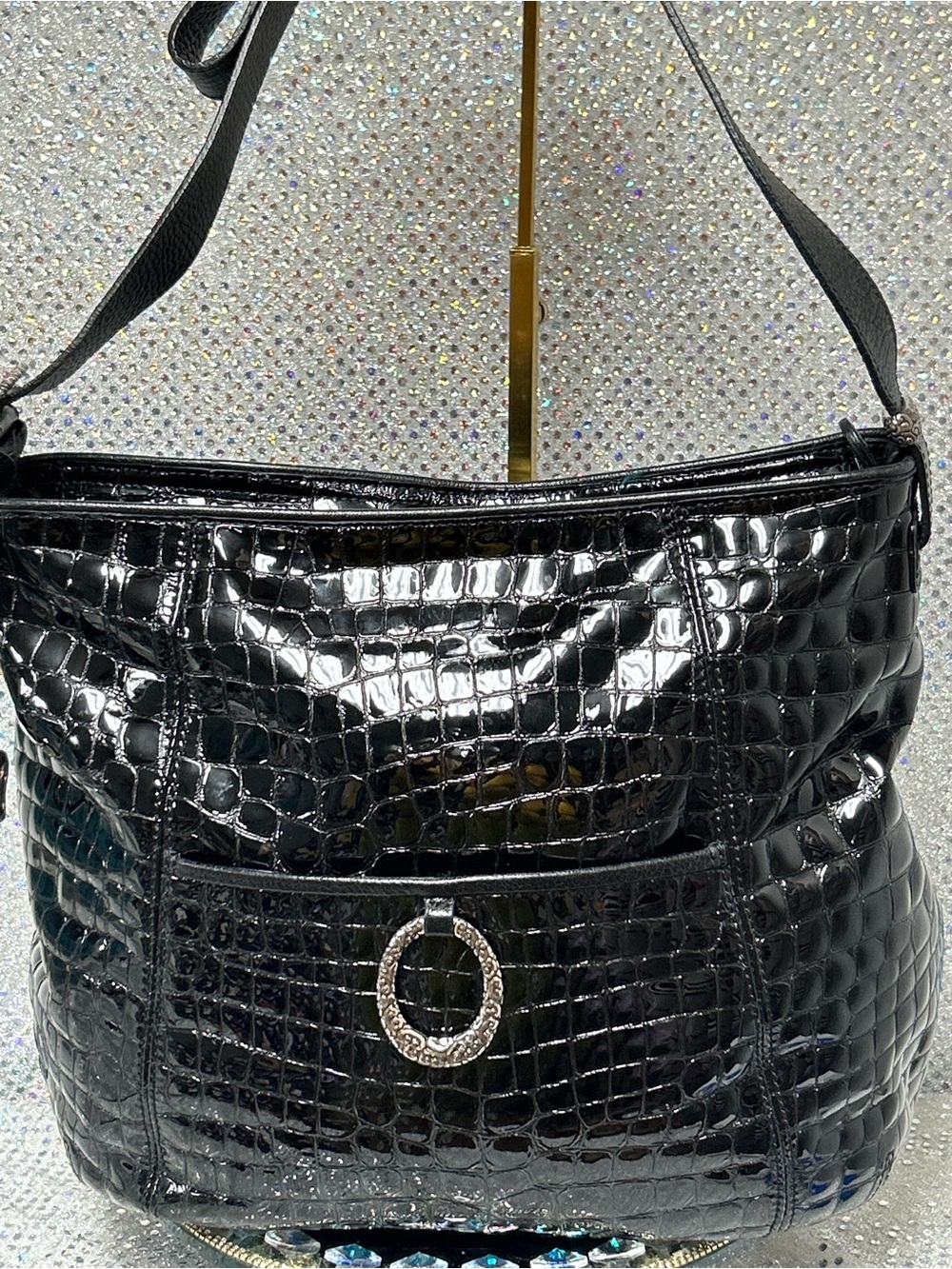Brighton Black Croc-Embossed Shoulder Bag w/Decorative Ring Approx. 15 x 12 x 4